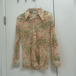 100% nylon vintage 1970s  dagger sheer floral print  blouse